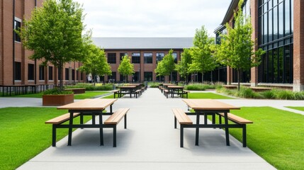 Obraz premium Modern Outdoor Courtyard with Picnic Tables Surrounded by Lush Green Grass and Trees in Urban Environment