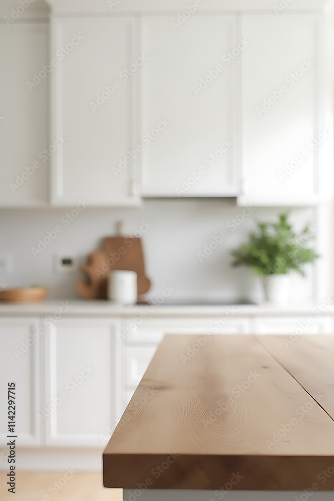 Poster End grain wood counter tops are often featured in minimalist kitchens with a blurred white background to minimize visual distraction._00002_