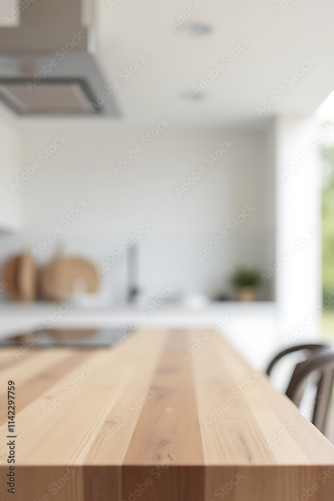 Poster End grain wood counter tops are often featured in minimalist kitchens with a blurred white background to minimize visual distraction._00001_
