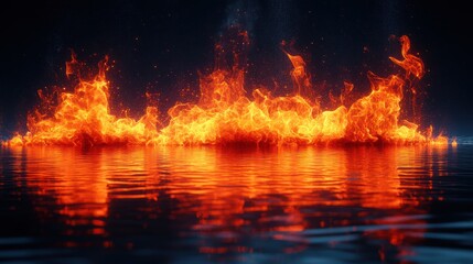 Fiery inferno reflected on dark water.