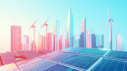 Fototapeta premium A futuristic cityscape powered by renewable energy, featuring solar panels and wind turbines under a vibrant sky, showcasing innovation and sustainability for a brighter future.