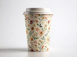 Simple floral print graces a white paper coffee cup; perfect for on-the-go.