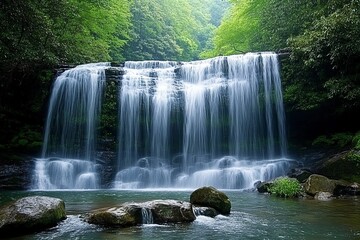Obraz premium Serene cascading waterfall in lush green forest.