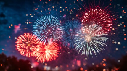Naklejka premium A vibrant display of colorful fireworks lighting up the night sky, creating a festive and celebratory atmosphere.