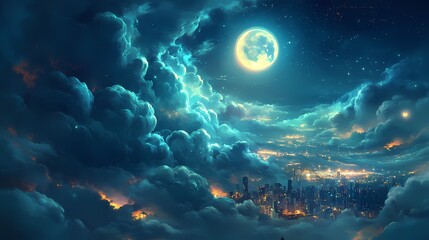 Fototapeta premium Ethereal Night Sky Over Cityscape with Bright Full Moon Illuminating Clouds and Urban Lights, Creating a Dreamy and Tranquil Atmosphere