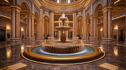 A grand 3D hall with an ornate, gold-plated fountain at its center, water flowing elegantly