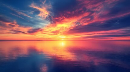 Fototapeta premium Breathtaking Sunset Over Calm Ocean Waters Reflecting Vibrant Colors of Blue, Pink, Orange, and Purple in a Serene Coastal Landscape at Dusk
