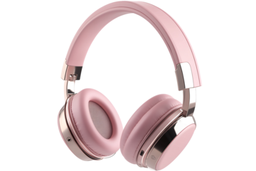 a pink headphones with silver accents