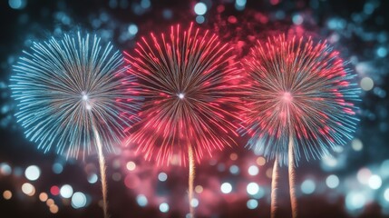 Colorful fireworks burst in the night sky, creating a festive atmosphere with bright blue and red explosions against a backdrop of shimmering bokeh lights.