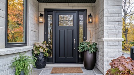 Modern black front door with fall decor.