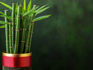 Fototapeta premium Bamboo plants with golden edges and vibrant red ribbon