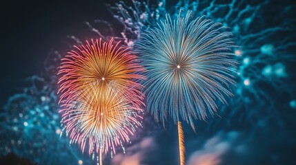 A vibrant display of colorful fireworks lighting up the night sky, showcasing bursts of red, blue, and gold in a festive atmosphere.