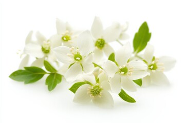 white flowers with green leaves against a white background