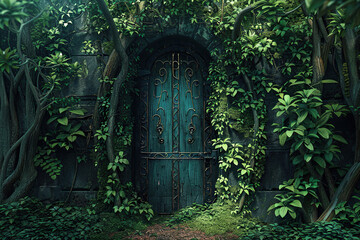 Fantastically door in wild forest leading to deep unknown
