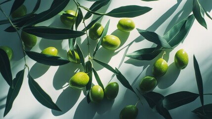 close up of fresh green olives and olive tree leaves