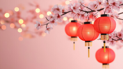 Cherry blossoms and red lanterns create serene ambiance
