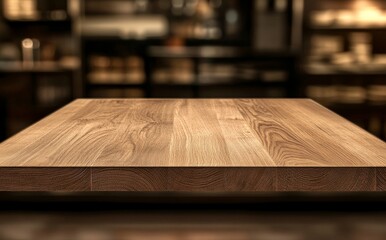 Fototapeta premium Empty wooden table in blurred cafe background. (1)