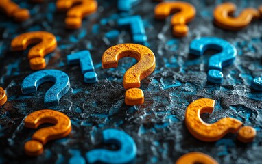 question marks in various sizes scattered on a textured dark surface