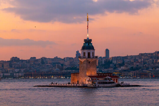 Maiden's Tower and Istanbul city skyline cityscape of Turkey