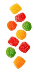 Colorful gummy candy cubes in a vertical stack isolated on transparent background