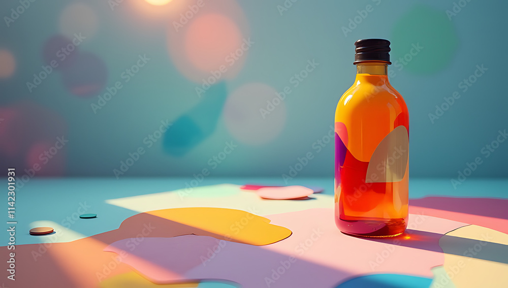 Poster colorful abstract bottle mockup on a minimalist worktable sparks business ideas and showcases creati