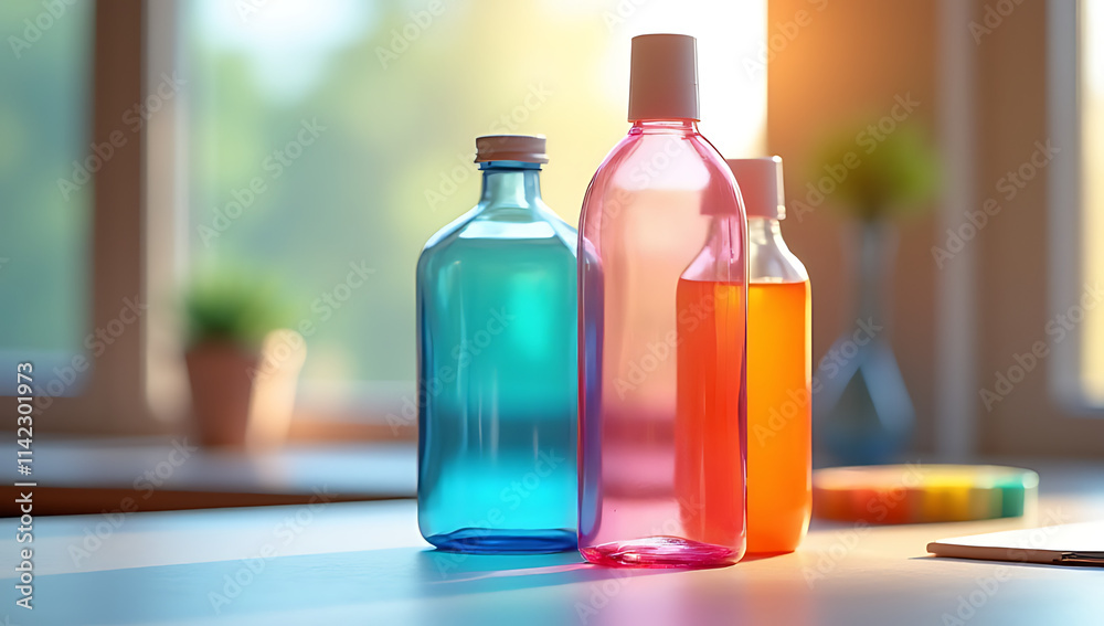 Poster colorful abstract bottle mockup on a minimalist worktable sparks business ideas and showcases creati