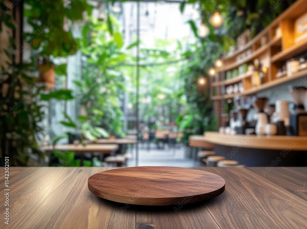 Poster Empty wooden round display on table in blurred cafe background.
