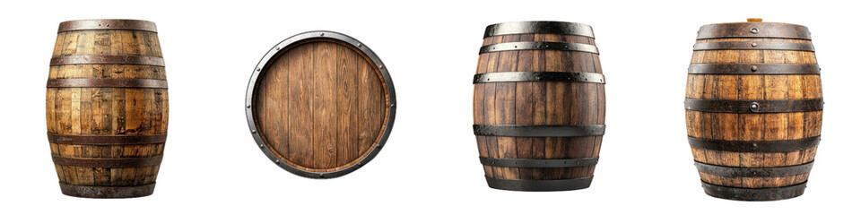 Obraz premium Traditional whiskey barrels with rustic wood and metal rings evoke classic charm