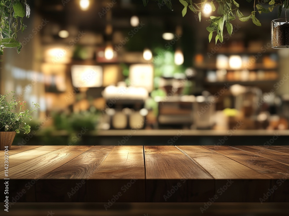 Aufkleber empty wooden table in front of blurred cafe background. (2)