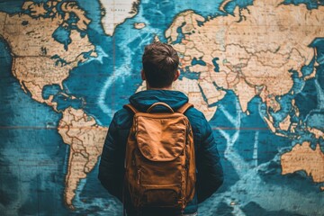 Fototapeta premium Person with backpack facing world map.