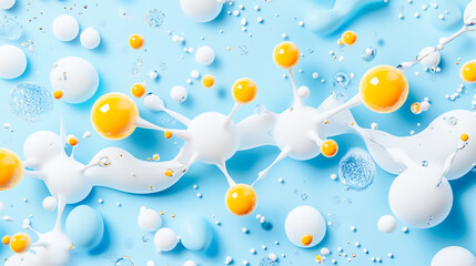 Illustration of molecular structure with droplets on a blue background, showcasing the concept of nanotechnology, chemistry