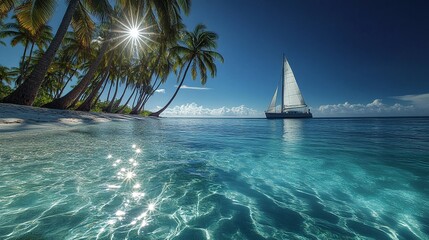 Tropical Paradise with Palm Trees and Sailboat in Crystal Clear Waters