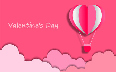 Happy Valentine's Day greeting card design. Holiday banner with hot air heart balloons. vector illustration