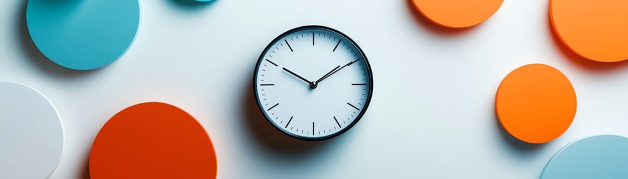 time management theme with a clock and circles on a white background, emphasizing the value of time and money, minimalist style, organizational and productivity concepts