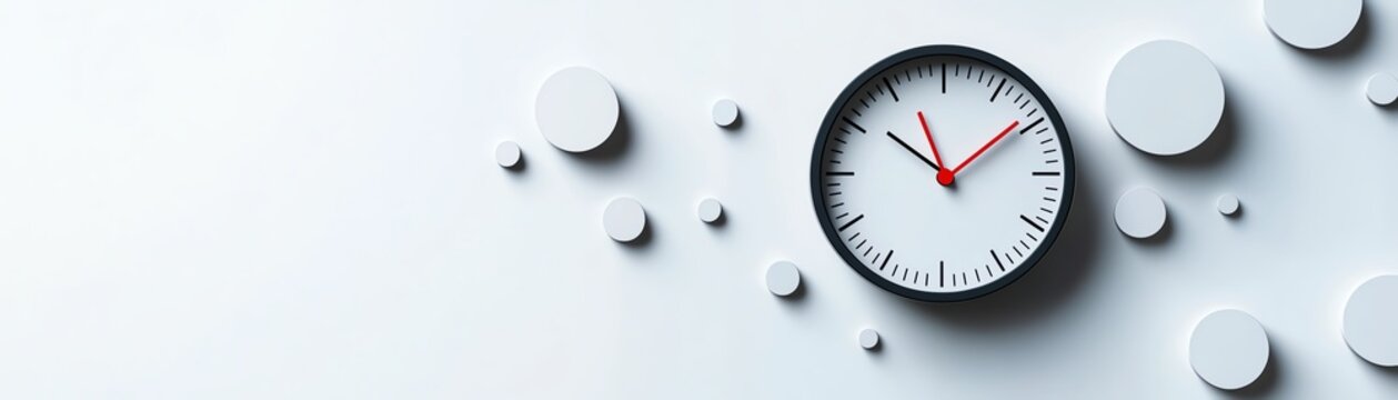 time management theme with a clock and circles on a white background, emphasizing the value of time and money, minimalist style, organizational and productivity concepts