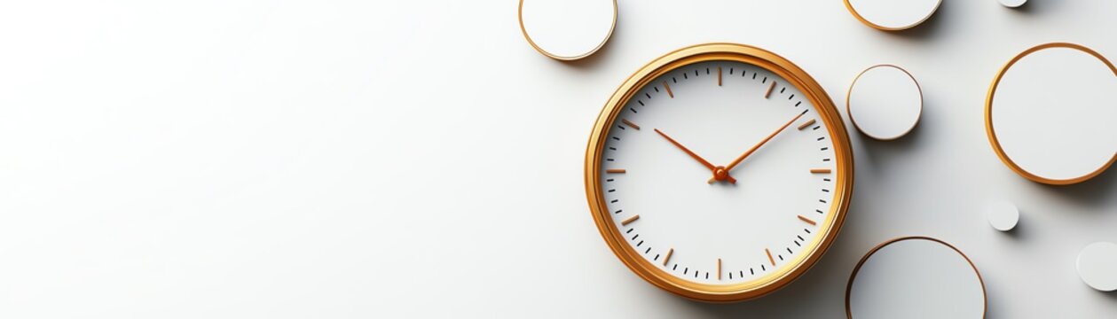 time management theme with a clock and circles on a white background, emphasizing the value of time and money, minimalist style, organizational and productivity concepts