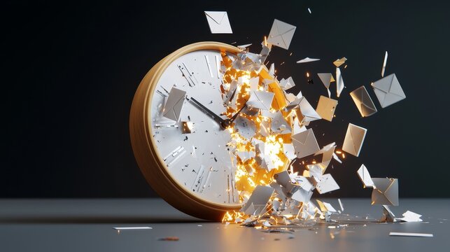 Shattered clock with glowing emails digital workspace 3d art