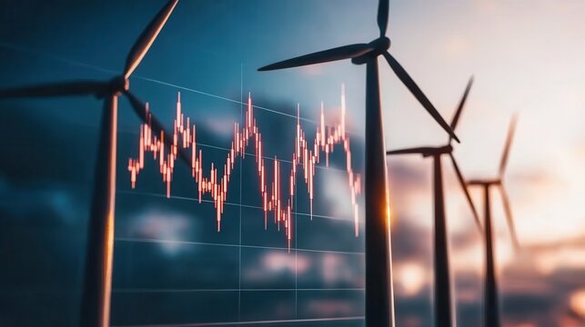 Energy stocks grow with green initiatives. Wind turbines with a stock market graph in the background.