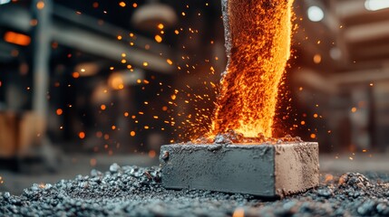 A fiery cascade of molten metal is captured in the process of being cast into a block, displaying the intense glow and heat of metallurgical craftsmanship at its peak.