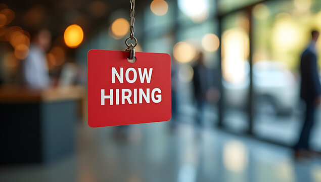 Business seeking employees advertises job opening with identification card featuring bold NOW HIRING message in the background._00003_