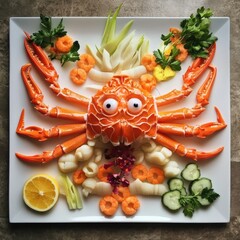 Creative seafood presentation home kitchen food art indoor top view culinary design