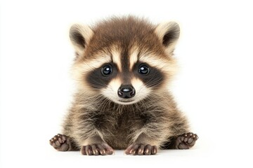 Obraz premium A baby raccoon is sitting on its back legs and looking at the camera