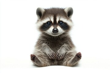 Fototapeta premium A baby raccoon is sitting on its back legs and looking at the camera