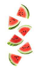 Watermelon slices in flight isolated on transparent background
