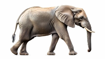 Fototapeta premium Realistic Illustration of an African Elephant Walking Gracefully, Showcasing Detailed Texture and Natural Colors on a White Background for Educational and Creative Use