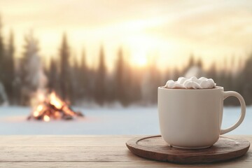 Winter outdoor campfire activities concept. Warm drink by a cozy fire in a snowy landscape at sunset