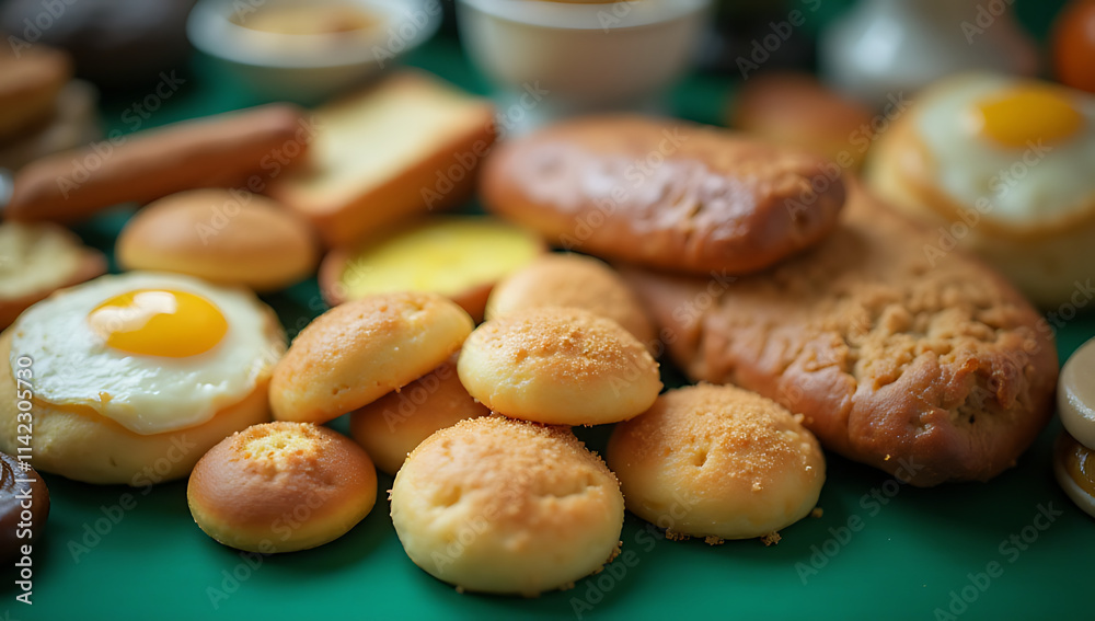 Poster Breakfast food or bakery items arranged on a blurred green tablecloth with a few ingredients and empty spaces in the background._00001_