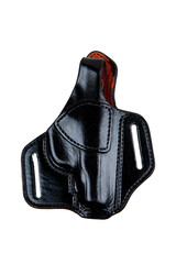 Leather holster for a pistol. Accessory for convenient and concealed carrying of weapons. View from...