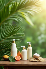 atural setting with a wooden table and fresh greenery creates an inviting backdrop for summer product displays on a blur coconut leaf background._00002_