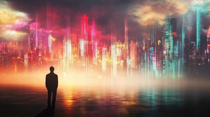 Solitary Figure Before a Neon Metropolis: A man silhouetted against a breathtaking, vibrant futuristic cityscape, awash in neon lights and swirling clouds, evokes a sense of wonder and contemplation.